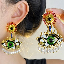 Золотой Серьги-гвоздики из сплава с эмалью от сглаза, с пластиковой имитационной жемчужиной, золотые, 68x44 мм