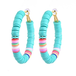 Medium Turquoise Basketball Wives Style Brass Heishi Beaded Hoop Earrings, with Plastic Earring Backs, Ring, Medium Turquoise, 50mm, Pin: 0.7mm