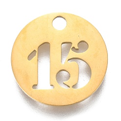 Number 304 подвески из нержавеющей стали, отрезать, полый, плоские круглые с номером, золотые, кол. 15, 19x1.5 мм, отверстие : 2.5 мм