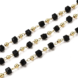 Черный Латунные цепные цепи, с шариками из стеклянного куба, стойки покрытие, без кадмия и без свинца, долговечный, пайки, реальный 18 k позолоченный, пайки, с катушкой, чёрные, 2.5x0.8x0.4 мм