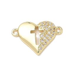 Real 18K Gold Plated Brass Micro Pave Clear Cubic Zirconia Connector Charms, Heart with Hollow Cross Links, Long-Lasting Plated, Lead Free & Cadmium Free, Real 18K Gold Plated, 14x20x2.5mm, Hole: 1.4mm