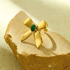 Золотой 304 открытые манжеты из нержавеющей стали для женщин, с кубического циркония, бантом, золотые, 29x26 мм, регулируемый