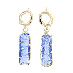 Light Gold Brass Micro Pave Cubic Zirconia Dangle Stud Earrings, Glass Rectangle Drop Earrings, Light Gold, 37.5x7.5mm