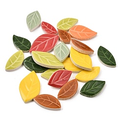Mixed Color Handmade Porcelain Cabochons, Ceramic Mosaic Tiles Leaf, Mixed Color, 22.5x13x5mm, about 55pcs/200g