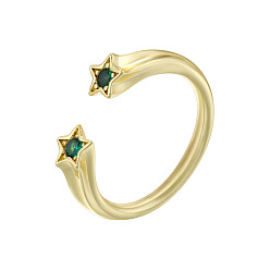 Зеленый Латунные микропаве кубические цирконии манжеты открытые кольца для женщин, звезда, золотые, зелёные, 17 мм