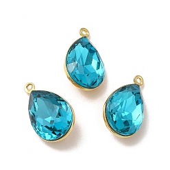 Темно-Голубой Стеклянные подвески из латуни с покрытием стойки, граненые амулеты-капли, реальный 18 k позолоченный, без свинца и без кадмия, глубокое синее небо, 17x10.5x8 мм, отверстие : 1 мм