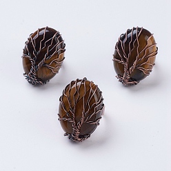 Тигровый глаз Естественный тигровый глаз регулируемый палец, широкая полоса кольца, овальные, Красная медь, Размер 9, 19 мм