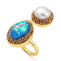 Golden Resin Oval & Imitation Pearl Open Cuff Ring with Rhinestone, Brass Ring for Women, Golden, Inner Diameter: 18mm