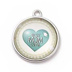 Medium Aquamarine Mother's Day Theme Alloy Glass Pendants, Flat Round with Word, Medium Aquamarine, 23.5x20x6mm, Hole: 2mm