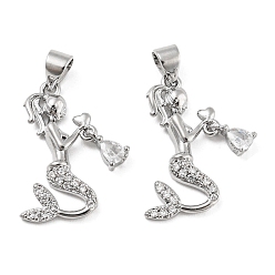 Платинированный Латунные микропаве прозрачные подвески с фианитом, без кадмия, без никеля и без свинца, русалка прелести, Реальная платина, 21.5x13x3 мм, отверстие : 5x3.2 мм