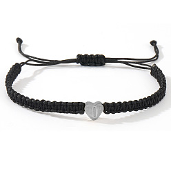 Letter I 304 браслеты из плетеных бусин в форме сердца из нержавеющей стали с буквами, регулируемые плетеные браслеты из нейлонового шнура для парной дружбы, платина, Буква "i", 7-7/8 дюйм (20 см), внутренний диаметр: 11 дюйм (28 см)