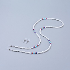 Sky Blue Glass Seed Bead Eyeglasses Chains, Neck Strap for Eyeglasses, with Brass Crimp Beads and Rubber Eyeglass Holders, Sky Blue, 29.9 inch(76cm)