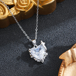 Silver Brass Pave Clear Cubic Zirconia Heart Pendant 201 Stainless Steel Cable Chain Necklaces for Women, Ion Plating(IP), Silver, 15.75 inch(40cm)
