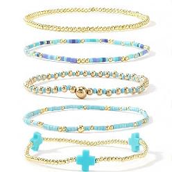  5шт. 5 стили, набор эластичных браслетов ручной работы из латуни и стеклянных бусин, украшения в виде крестиков для женщин, 6.89 дюйм (17.5 см)