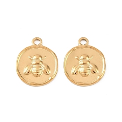 Настоящее золото 18K 304 подвески из нержавеющей стали, плоский круг с подвесками в виде пчелы, ионное покрытие (ip), реальный 18 k позолоченный, 17x14x2 мм, отверстие : 1.8 мм