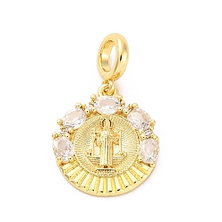 Плоский Круглый Латунные прозрачные кубические цирконии европейские подвески-подвески, религия большие дырки подвески, реальный 16 k позолоченный, плоско-круглые, без кадмия и без свинца, 24 мм, отверстие : 4.5 мм, подвески: 18x16x3 мм