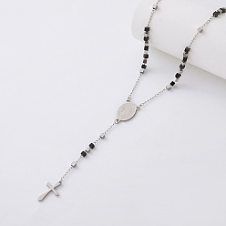 Negro Collares de rosario con cuentas de cubo de resina vintage, 304 Collares con colgante de cruz religiosa de acero inoxidable con la imagen de la Virgen para mujer, plata, negro, 20.87 pulgada (53 cm)