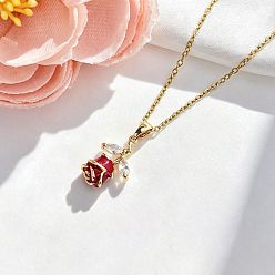 Red Brass Pave Clear Cubic Zirconia Enamel Rose Flower Pendant 304 Stainless Steel Cable Chain Necklaces for Women, Golden, Red, 15.75 inch(40cm)