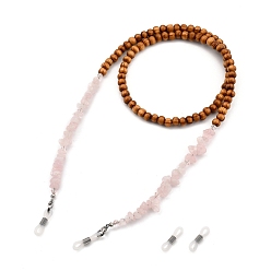 Rose Quartz Eyeglasses Chains, Neck Strap for Eyeglasses, with Natural Wood Beads, Glass Beads, Chip Natural Rose Quartz Beads, 304 Stainless Steel Lobster Claw Clasps and Rubber Loop Ends, 27.76 inch(70.5cm)