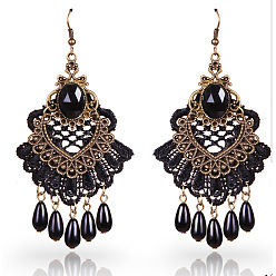 Черный Серьги-люстры из пластикового сплава, со стеклом, веер со слезой, античная бронза, чёрные, 95x50 мм