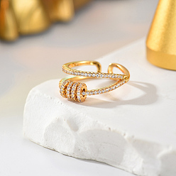 Real 18K Gold Plated Brass Micro Pave Cubic Zirconia Cuff Open Rings for Women, Real 18K Gold Plated, 16~18mm