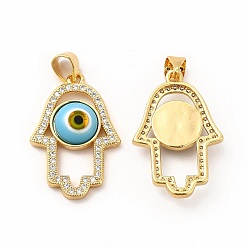 Light Sky Blue Rack Plating Brass Micro Pave Clear Cubic Zirconia Pendants, with Handmade Evil Eye Lampwork, Cadmium Free & Lead Free, Long-Lasting Real 18K Gold Plated, Hamsa Hand Charm, Light Sky Blue, 25.5x17x4mm, Hole: 5.5x3.5mm