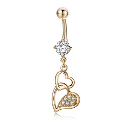 Transparent Piercing-Schmuck, kubischer Zirkiona-Nabelring aus Messing, Bauchringe, mit 304 Edelstahlleiste, Bleifrei und cadmium frei, Herz, Transparent, 46 mm, Anhänger: 24x12.5 mm, Stange: 14 Spurweite(1.6mm), Stangenlänge: 3/8"(10mm)