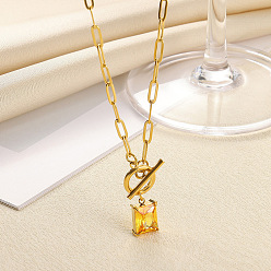 Золотистый 304 Кулон или ожерелье из нержавеющей стали с квадратным камнем-талисманом, инкрустированным кубическим цирконием., золотые, золотые, 17.72 дюйм (45 см)