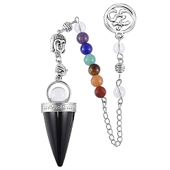 (946F)Морозный цвет внутри  Жонкиль / Непрозрачная зеленая подкладка Маятники для биолокации из натурального черного агата (окрашенного и нагретого) с конусообразным наконечником, с 7 бусинами из чакральных камней и амулетами АУМ/ОМ, для лозоходства и гадания, 190 мм