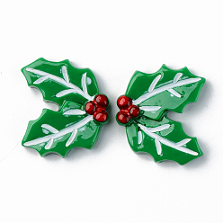 Green Resin Cabochons, Opaque, Christmas Theme, Christmas Holly, Red, Green, 23x26x6mm