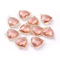 Розовый Соединители стеклянные ссылки, с фурнитурой Berzel с открытой спиной из экологически чистого сплава, граненые, треугольные, золотой свет, туманная роза, 24x19x7 мм, отверстие : 1.5 мм