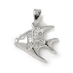 Платина Латунные микро проложить кубического циркония подвески, рыба, платина, 14.5x15x3 мм, отверстие : 3x5 мм