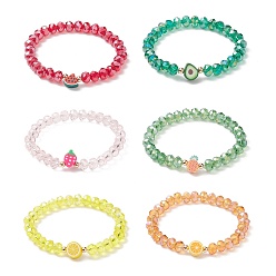 Mixed Color 6Pcs 6 Style Orange & Avocado & Pineapple & Watermelon & Lemon Polymer Clay Stretch Bracelets Set, Bling Glass Beaded Stackable Bracelets for Women, Mixed Color, Inner Diameter: 2 inch(5cm), 1Pc/style