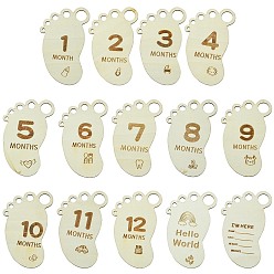 Бежевый Знак объявления новорожденного ребенка, Знак вехи роста ребенка, Деревянные карточки с ежемесячными вехами для младенцев, фотографическая опора, след с месяцами, бежевые, 106x68.5x2 мм, отверстие : 4~15 мм, 14 шт / комплект