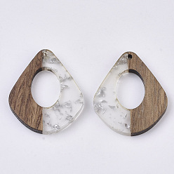 Silver Transparent Resin & Walnut Wood Pendants, with Silver Foil, Waxed, Teardrop, Silver, 32.5x27.5x3.5~4mm, Hole: 2mm