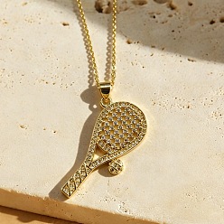 Tennis Sports Theme Brass Micro Pave Clear Cubic Zirconia Pendant Necklaces, Golden, Tennis Racket, 17.72 inch(45cm), Pendant: 35x19mm