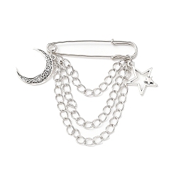 Античный Серебристый & Платиновый Булавки для килта из железа, с сплава прелести, Луна и звезды, старинное серебро и платина, 84x65.5 мм