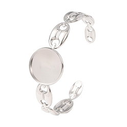 Stainless Steel Color 304 Stainless Steel Coffee Bean Chain Cuff Bracelet Blanks with Flat Round Bezel Settings, Stainless Steel Color, Tray: 20mm, Inner Diameter: 1.85x2.36 inch(4.7x6cm)