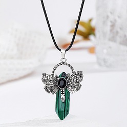 Малахит Богемный синтетический малахитовый заостренный кулон в виде стрекозы из нержавеющей стали, ожерелье из черной искусственной кожи, цвет нержавеющей стали, 17.32 дюйм (44 см)
