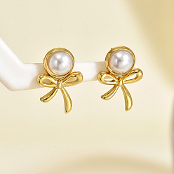 Bowknot Серьги шпилька нержавеющая сталь, реальный 18 k позолоченный, с имитацией жемчуга, бантом, 20 мм