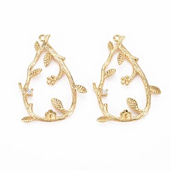 Real 18K Gold Plated Brass Micro Pave Clear Cubic Zirconia Pendants, Nickel Free, Teardrop with Leaf, Real 18K Gold Plated, 31x22.5x3mm, Hole: 1mm