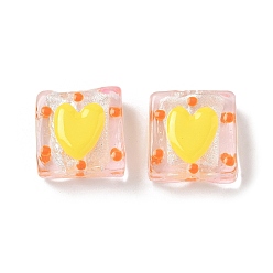 Желтый Эмалевые бусины ручной работы в технике лэмпворк, бусины ручной работы, квадрат с сердцем, желтые, 15~16x14.5~15x8~8.5 мм, отверстие : 1.6 мм