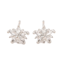 Платина Женские серьги-гвоздики из латуни с микропаве и прозрачным кубическим цирконием, без свинца и без кадмия, цветок, платина, 10x10.5 мм