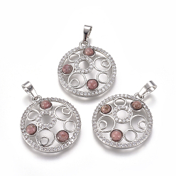 Rhodochrosite Natural Rhodochrosite Pendants, with Platinum Tone Brass Findings and Crystal Rhinestone, Flat Round, 29x25.5x4.5mm, Hole: 4.5x8mm