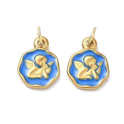 Real 18K Gold Plated 304 Stainless Steel Enamel Pendants, Flat Round with Angel Charms, Ion Plating(IP), Real 18K Gold Plated, 13x10x2mm, Hole: 4mm