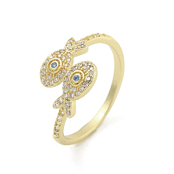 Golden Brass Micro Pave Cubic Zirconia Cuff Finger Rings, Fish, Golden, Inner Diameter: 18mm