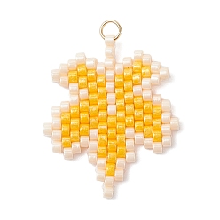 Желтый Подвески из стеклянных бусин в виде кленовых листьев, с 304 кольцом из нержавеющей стали, реальный 18 k позолоченный, желтые, 28x24x2 мм, отверстие : 2.5 мм