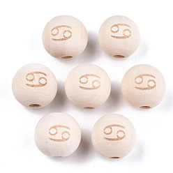 Cancer Unfinished Natural Wood European Beads, Large Hole Beads, Laser Engraved Pattern, Round with Constellation, Cancer, 15~16x14~15mm, Hole: 4mm