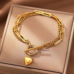 Золотой 304 Многослойные браслеты из нержавеющей стали с панцирными цепочками и скрепками, браслеты с подвесками для женщин, сердце, золотые, 6-3/4 дюйм (17 см)