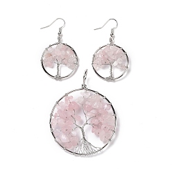 Розовый Кварц Комплекты ювелирных изделий из латуни, большие подвески и подвесные серьги, с натуральным розовым кварцем, платина, Кольцо с деревом жизни, 63~67x49~51x1.5~10 мм, отверстие : 4x5 мм, 50~55x28~30x1.5~8 мм, штифты : 0.8 мм